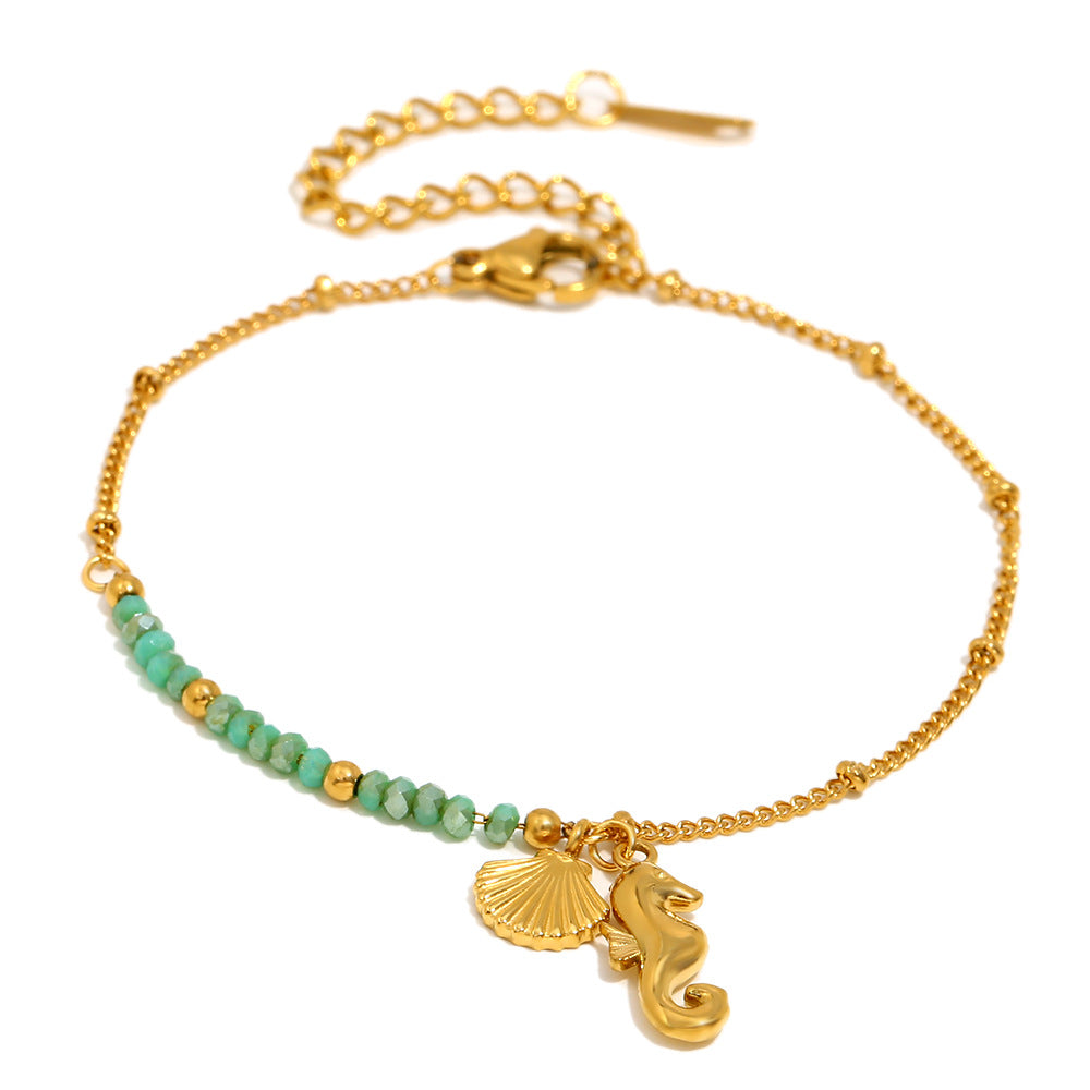 Gold Plated Stainless Steel Green Bead Seahorse and Shell Bracelet — bead detail