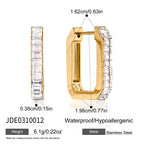 Clear-stone gold finish rectangular hoops with size guide