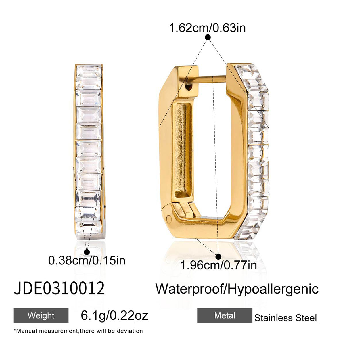 Clear-stone gold finish rectangular hoops with size guide