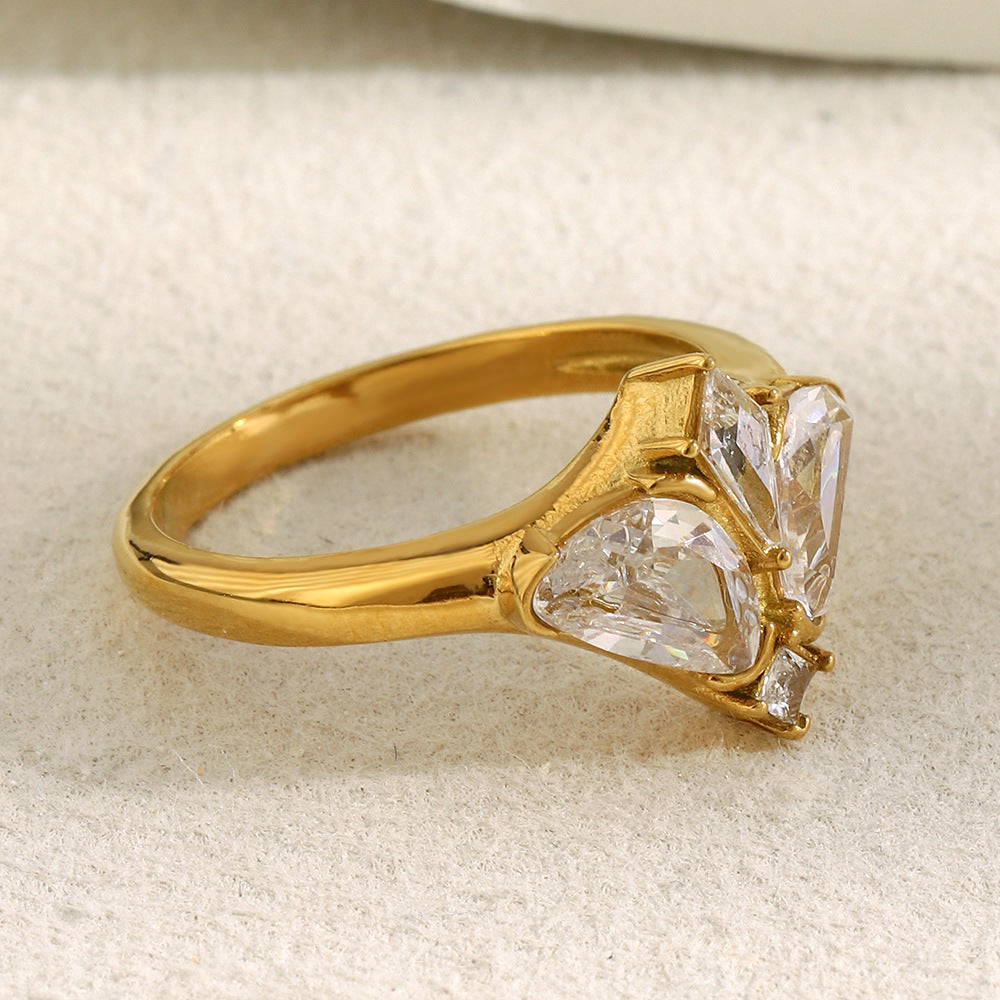 side view of the open-back butterfly clear stone ring