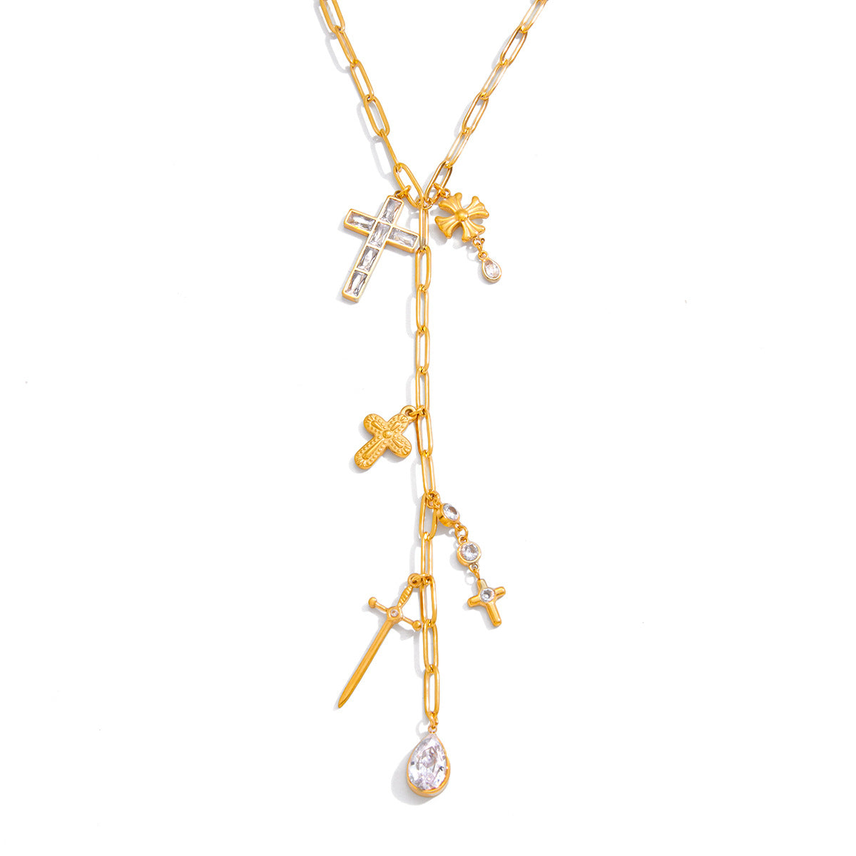 isolated gold plated multi-cross charm Y necklace