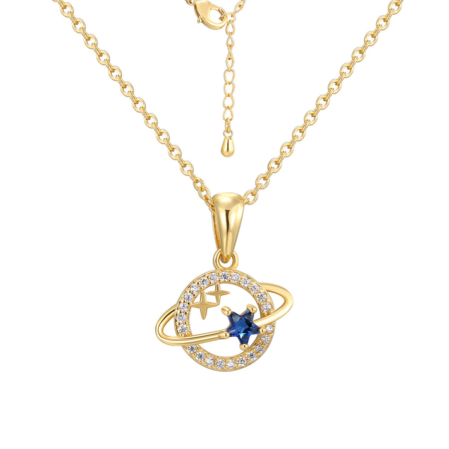 isolated gold plated orbit planet necklace with lobster clasp