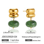Green oval resin bead earrings with size annotations