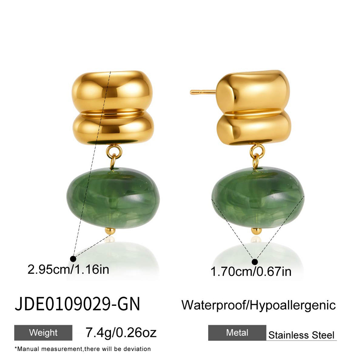 Green oval resin bead earrings with size annotations