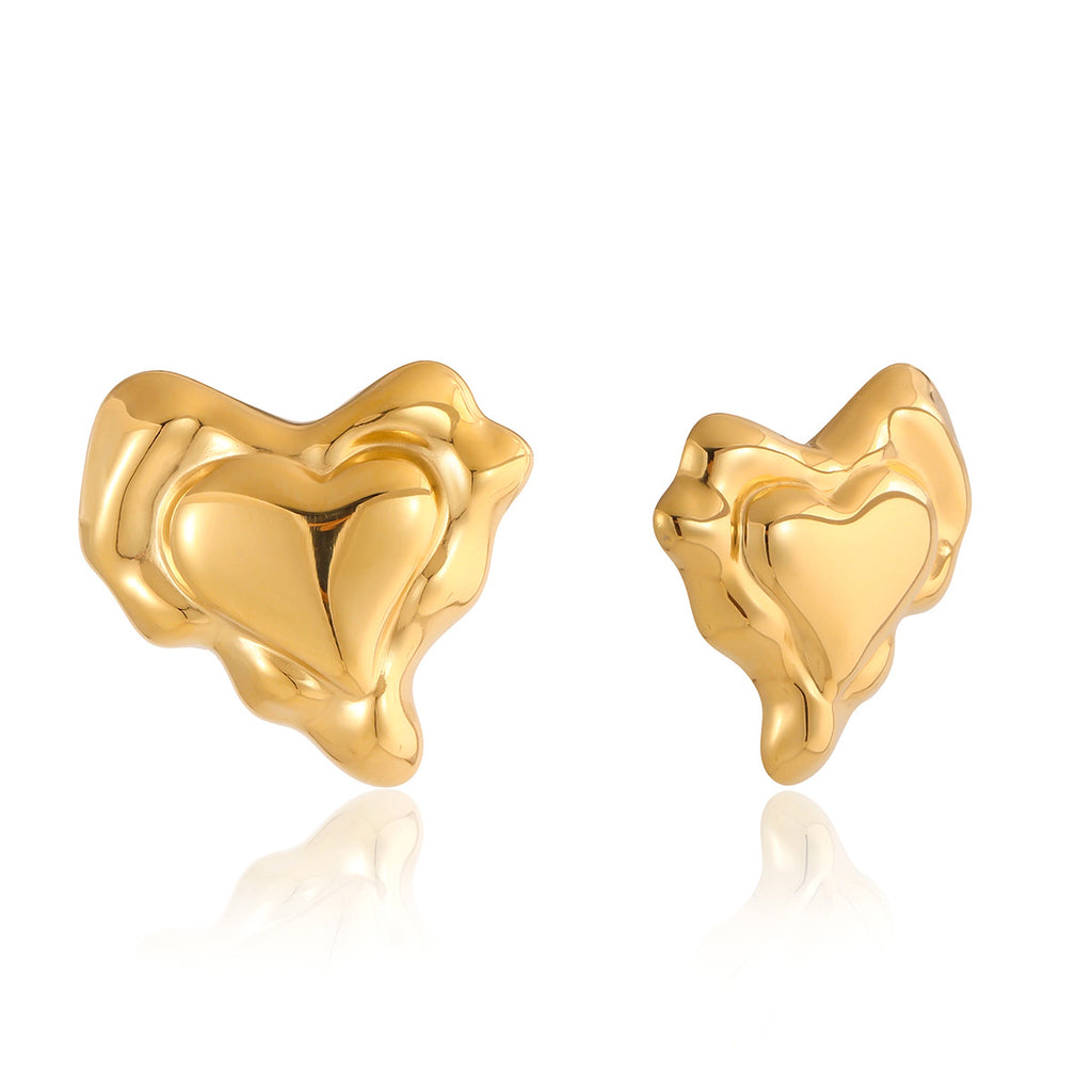 Gold-Tone Sculptural Heart Stainless Steel Stud Earrings finish and shape detail