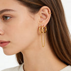 gold plated double-hoop chain connector earrings worn on ear