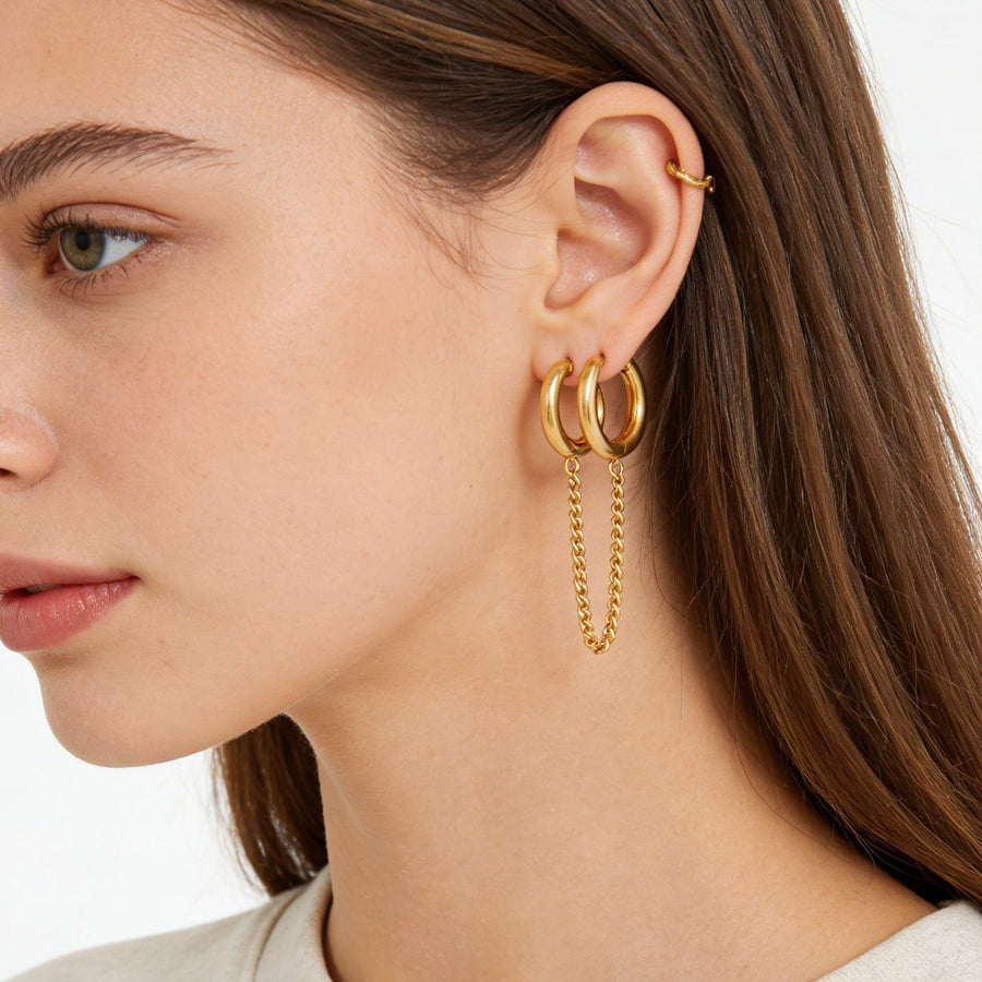 gold plated double-hoop chain connector earrings worn on ear