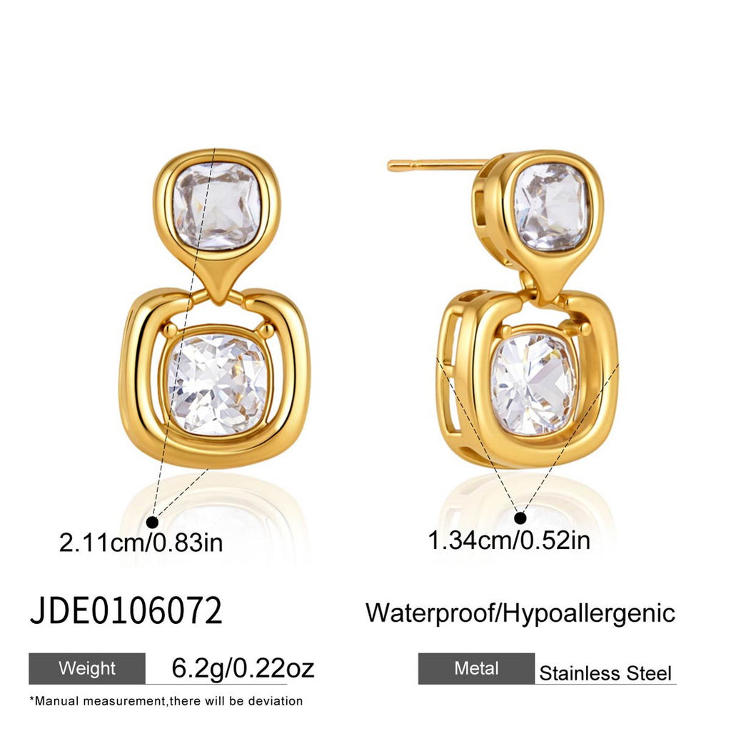 Double cushion drop earrings with measurement diagram