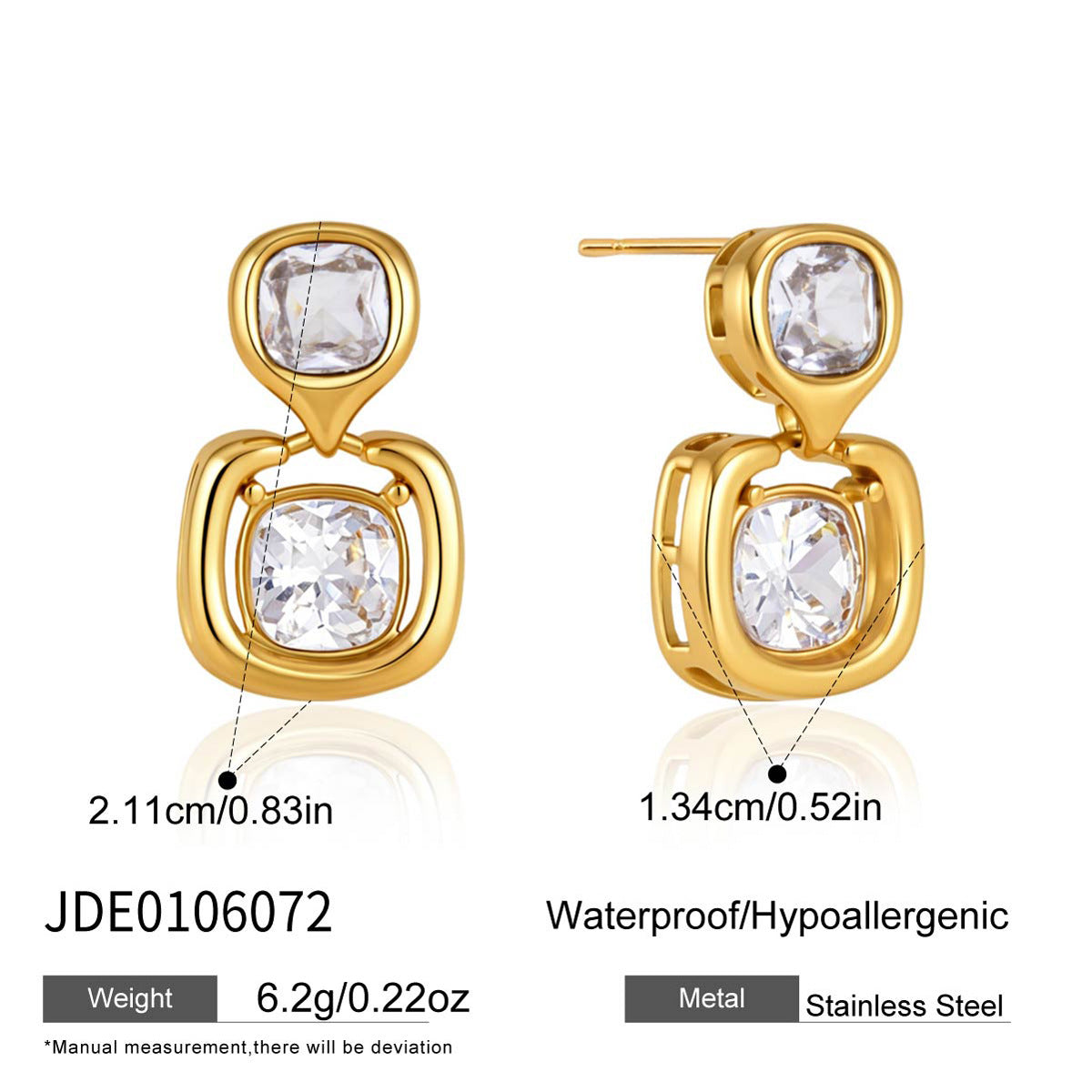 Double cushion drop earrings with measurement diagram