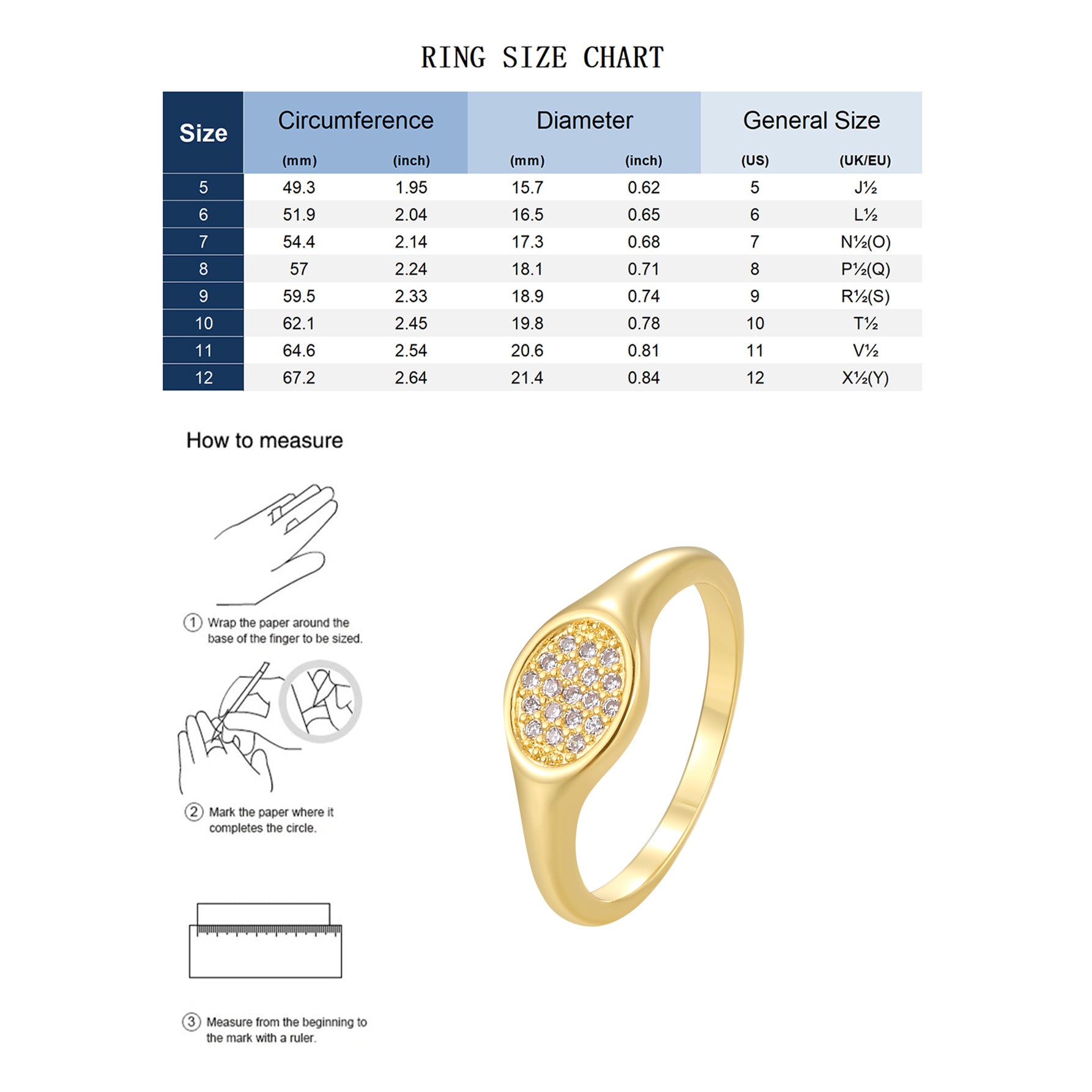 oval stone-set signet ring shown beside a ring size chart