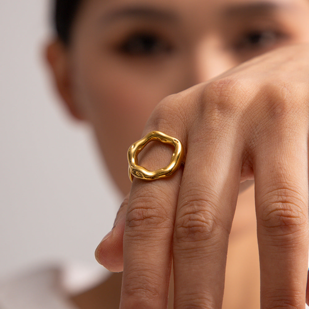 Gold Plated Stainless Steel Sculptural Circle Double-Band Open Ring — open circle close-up