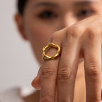 Gold Plated Stainless Steel Sculptural Circle Double-Band Open Ring — open circle close-up