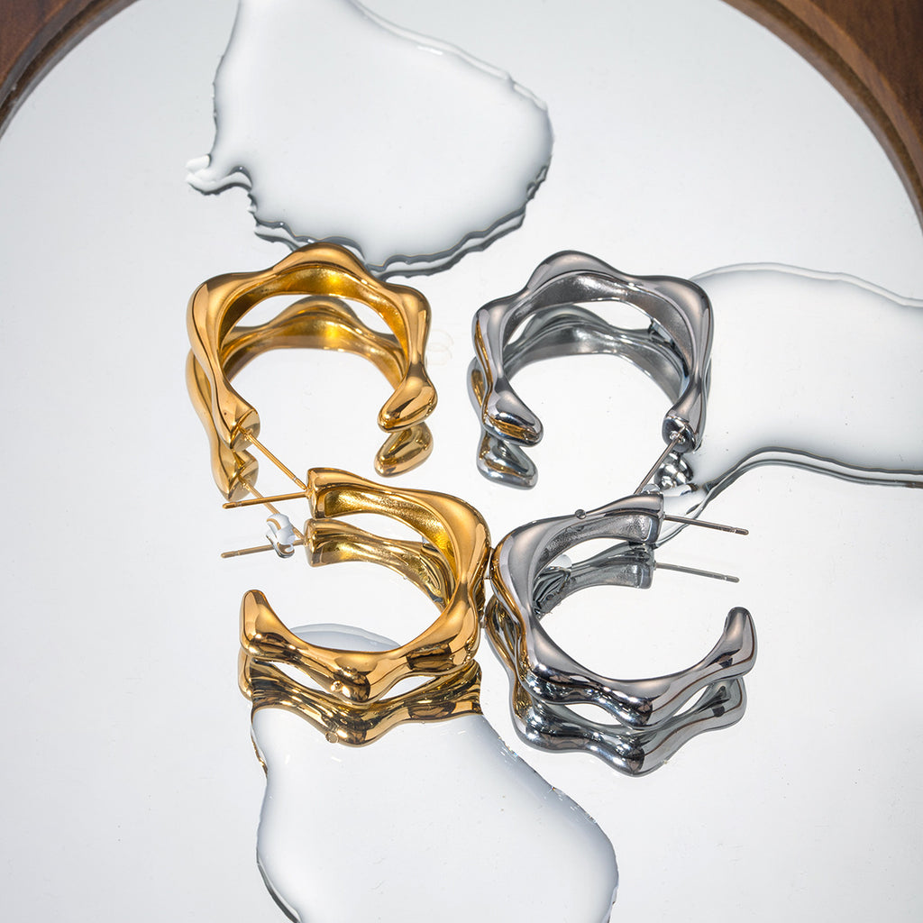 Gold Plated Sculptural Petal Stainless Steel Hoop Earrings – product view 3