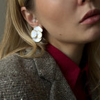Gold-Tone White Floral Stainless Steel Stud Earrings – styled view