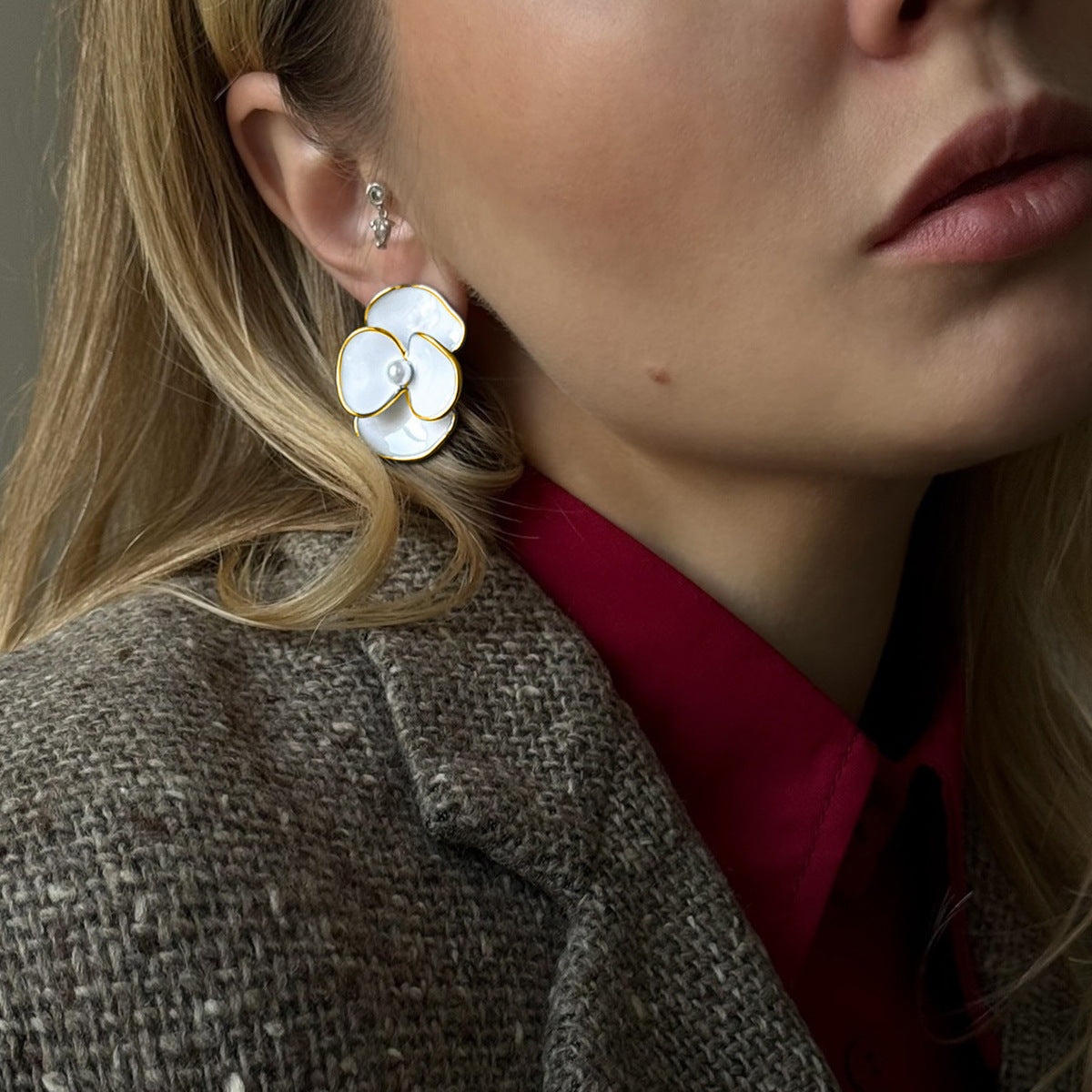 Gold-Tone White Floral Stainless Steel Stud Earrings – styled view