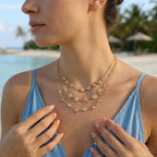 Gold tone sea motif necklaces shown at neckline