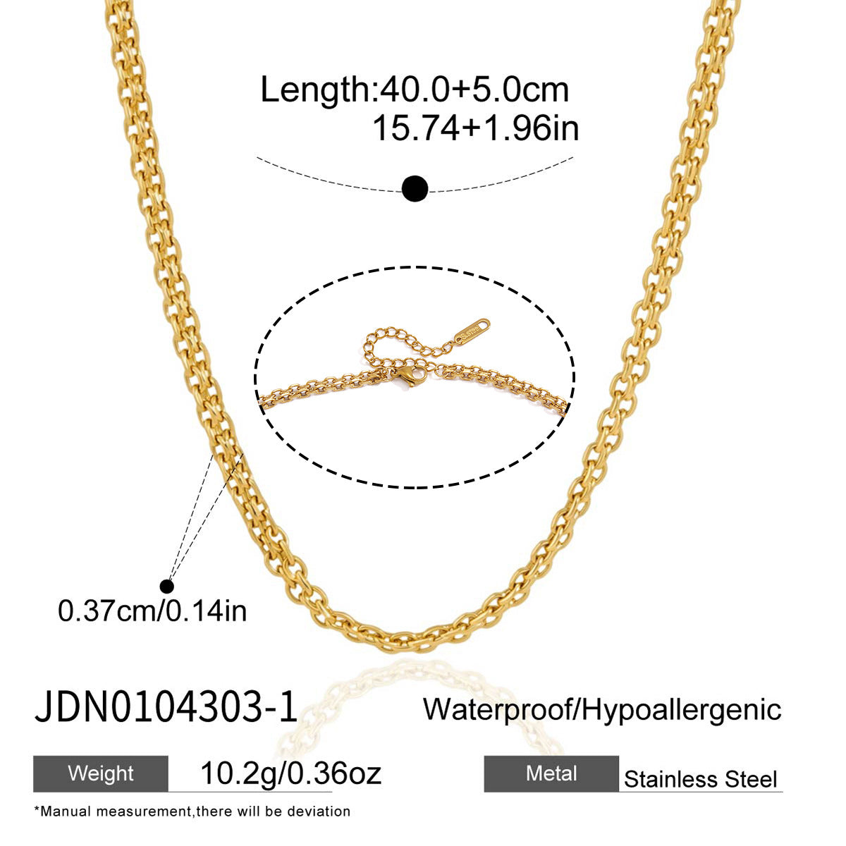 Medium link chain necklace with clasp detail and measurements