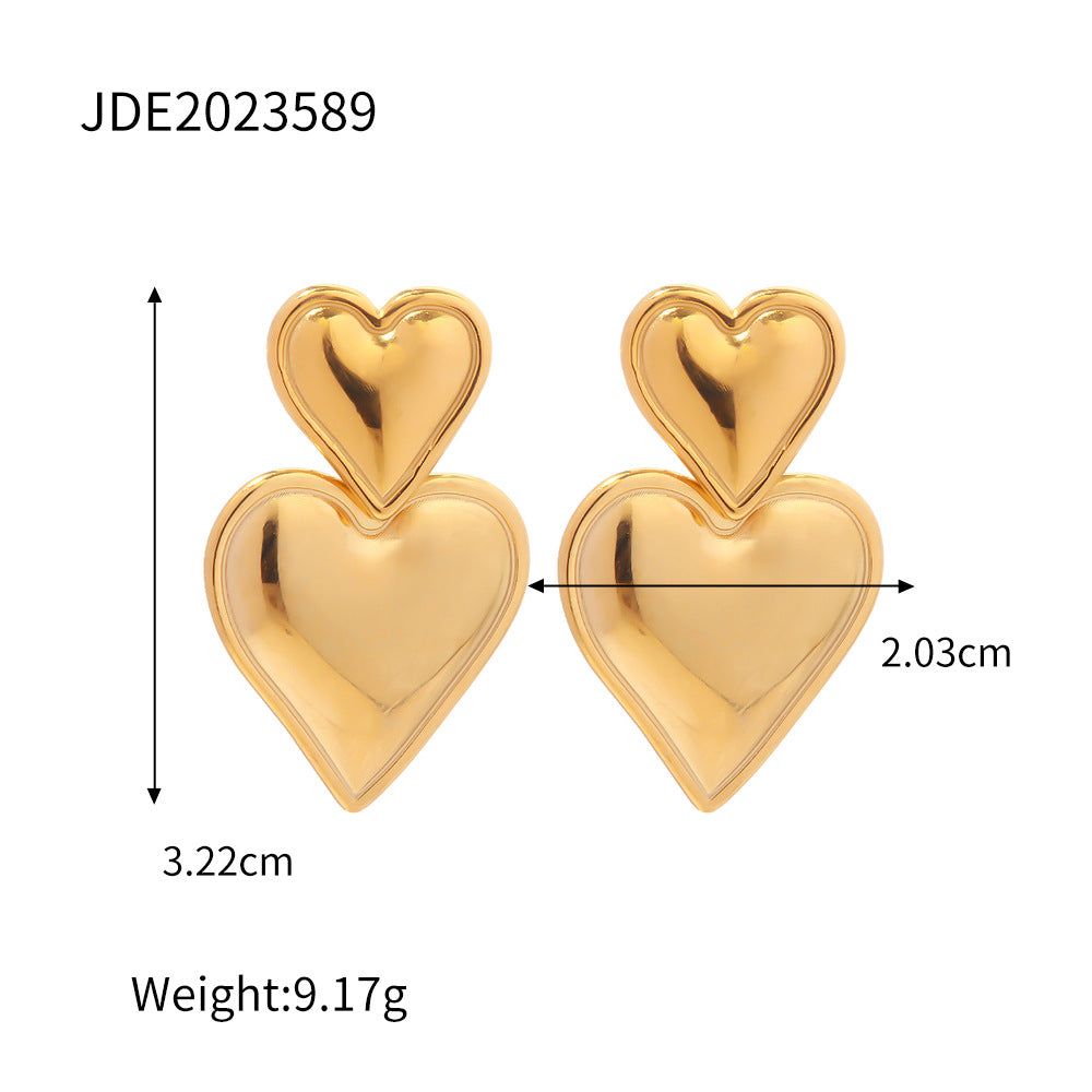 Stainless Steel Double Heart Stud Earrings in Three Finishes additional style reference