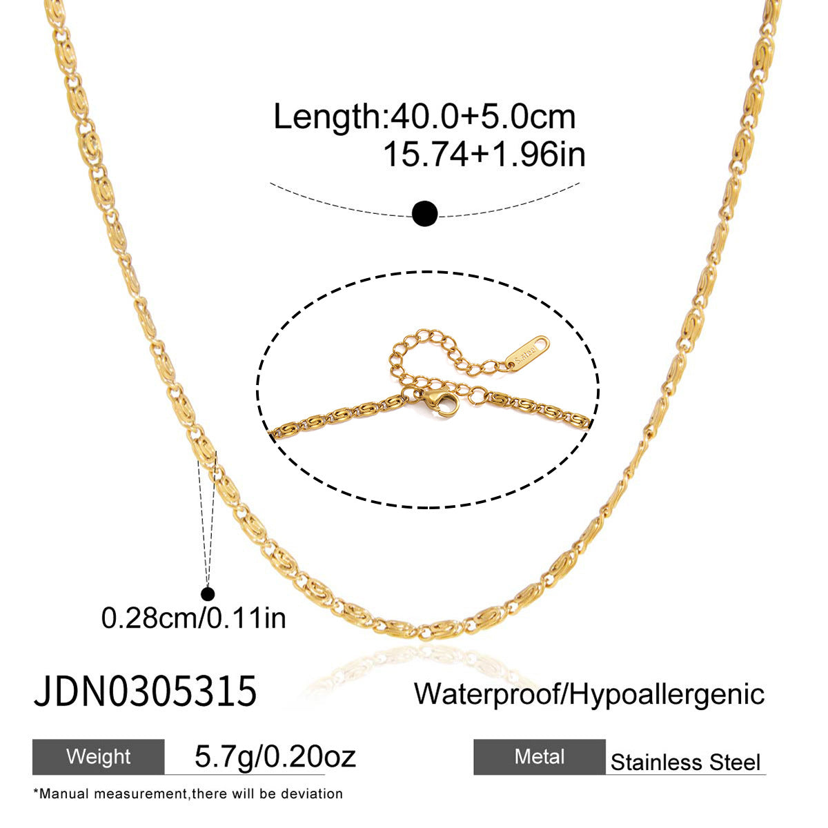 Compact ornate-link necklace measurement chart