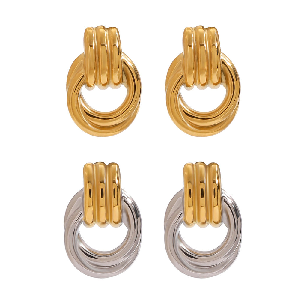 Stainless Steel Interlocking Loop Stud Earrings in Two Finishes finish and shape detail