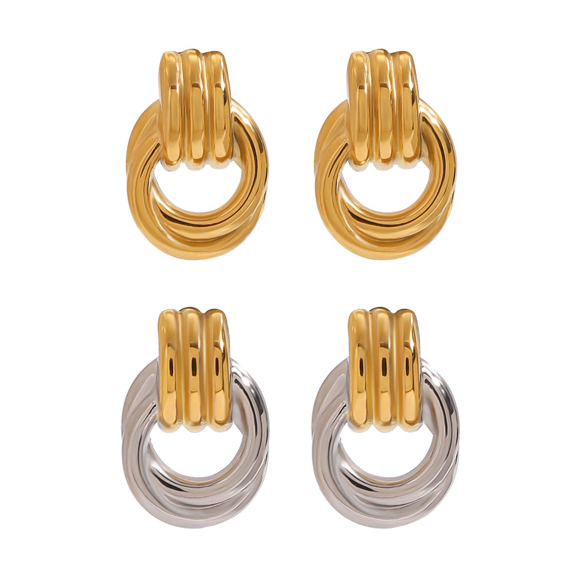 Stainless Steel Interlocking Loop Stud Earrings in Two Finishes finish and shape detail