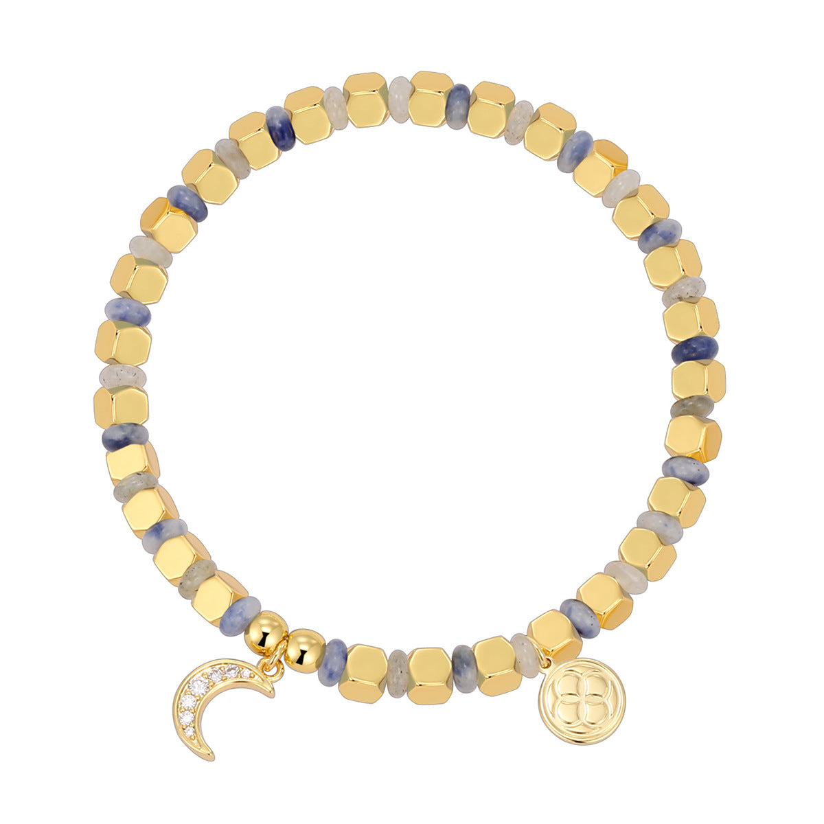 isolated blue dot quartz bracelet with clear stone crescent charm