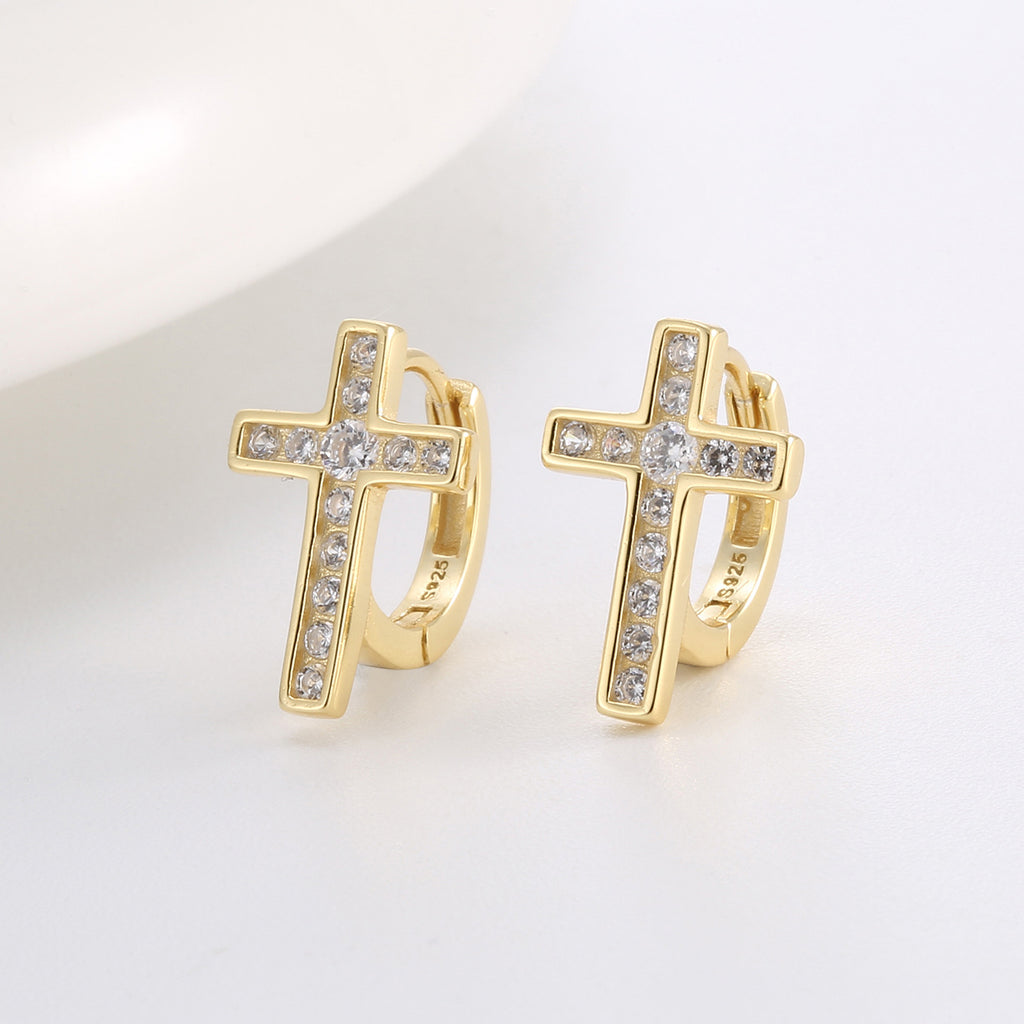 gold plated 925 sterling silver pavé cross huggie hoop earrings — product image 2 of 9