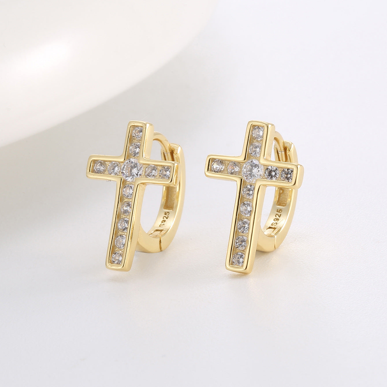 gold plated 925 sterling silver pavé cross huggie hoop earrings — product image 2 of 9