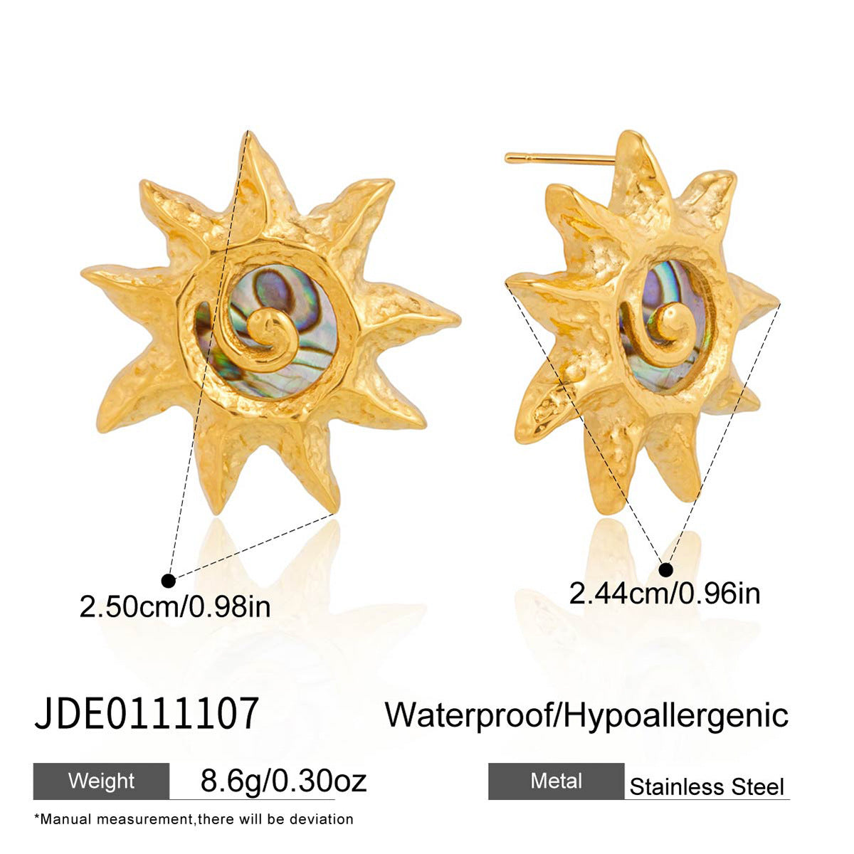Sun stud earrings with size annotations