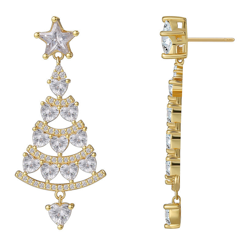 Front and side views of the tiered clear stone Christmas tree earring
