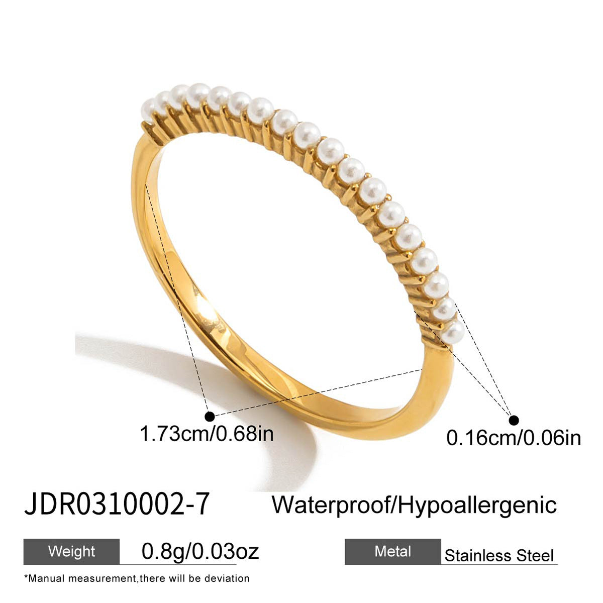 Slim white pearl-look accent band with dimensions