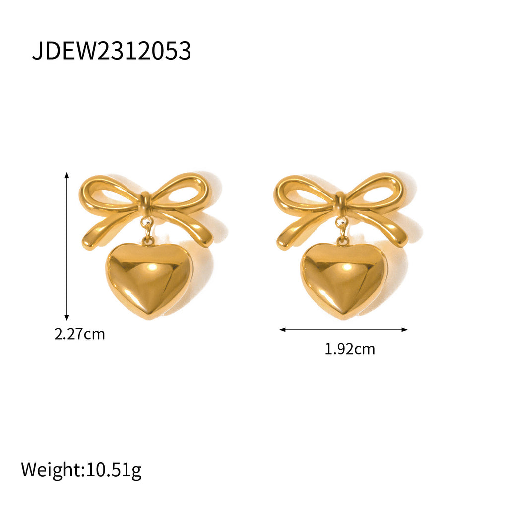 Stainless Steel Bow Heart Drop Earrings in Two Finishes – product view 6