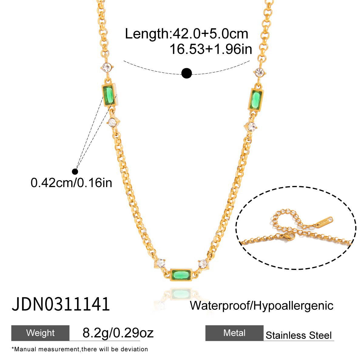 Green rectangular station necklace length chart