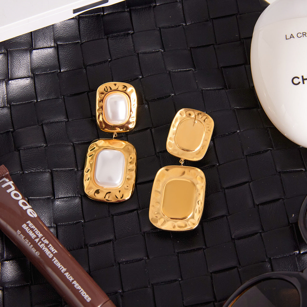 Gold Tone Pearl-Look Stainless Steel Double Drop Earrings — paired earrings on a neutral surface