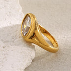 profile view of the gold plated marquise clear stone signet ring