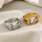 gold plated and silver stainless steel rectangular clear stone rings