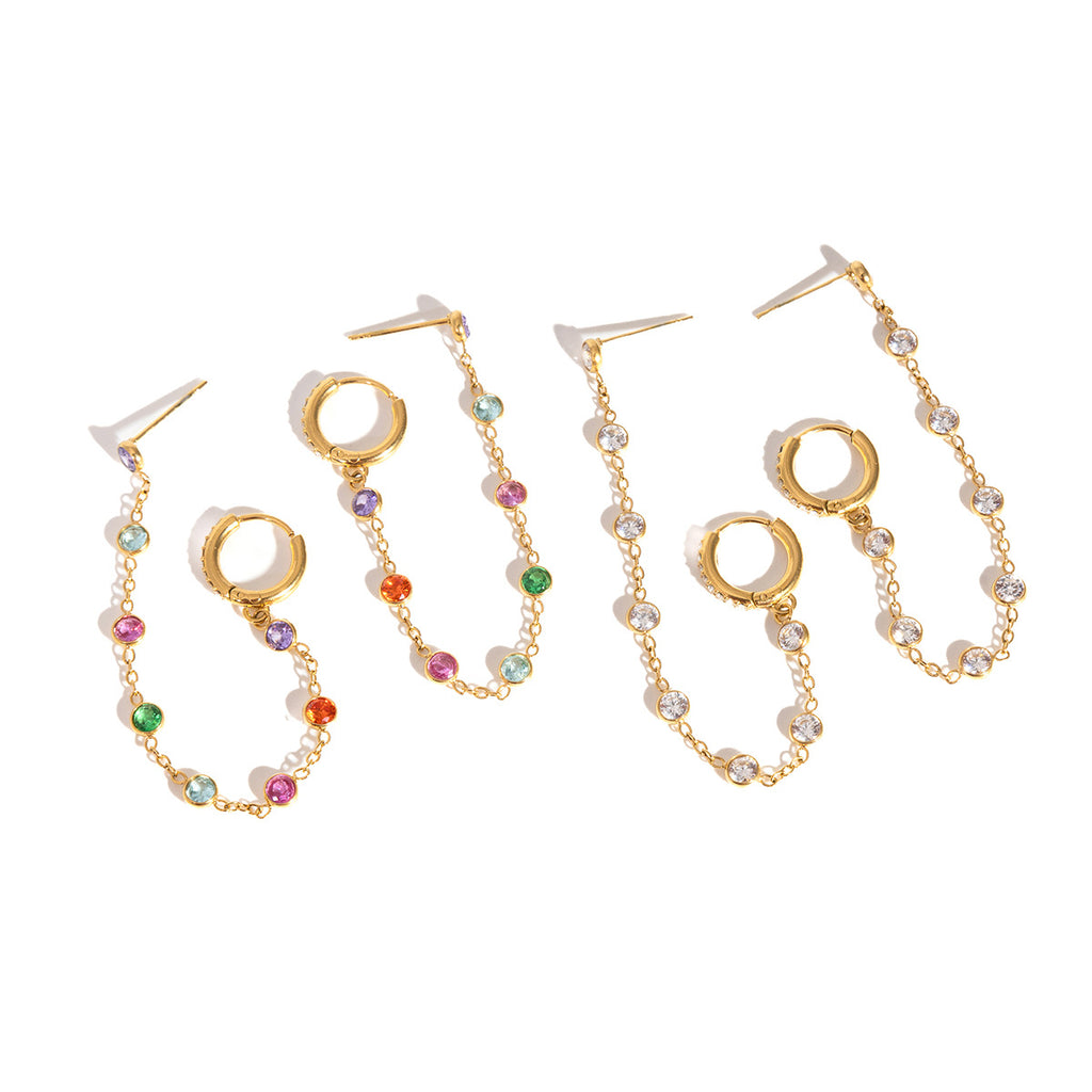 isolated gold plated rhinestone chain earrings in two color options