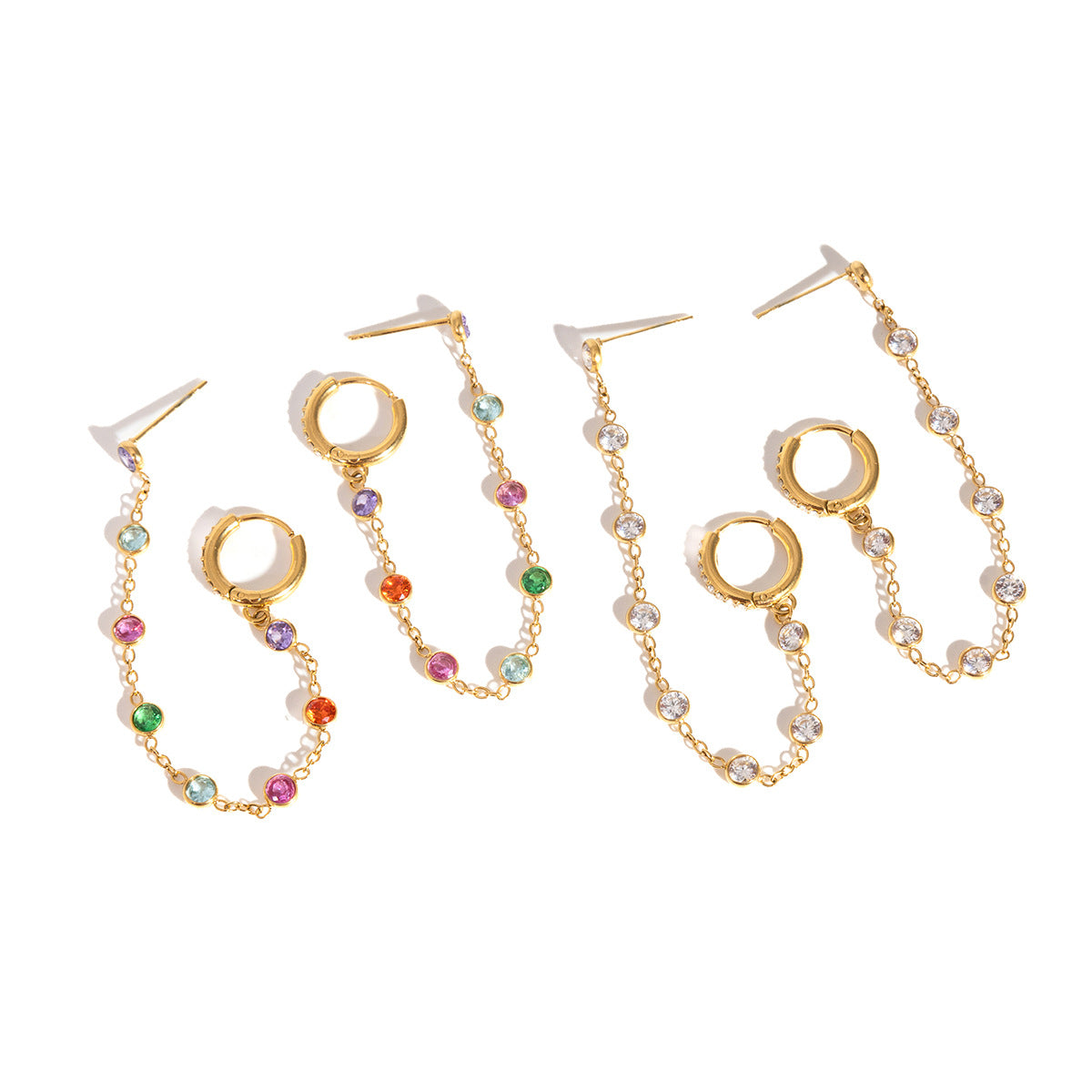 isolated gold plated rhinestone chain earrings in two color options