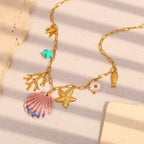 Gold Plated Stainless Steel Coastal Charm Link Necklace — coastal charm close-up