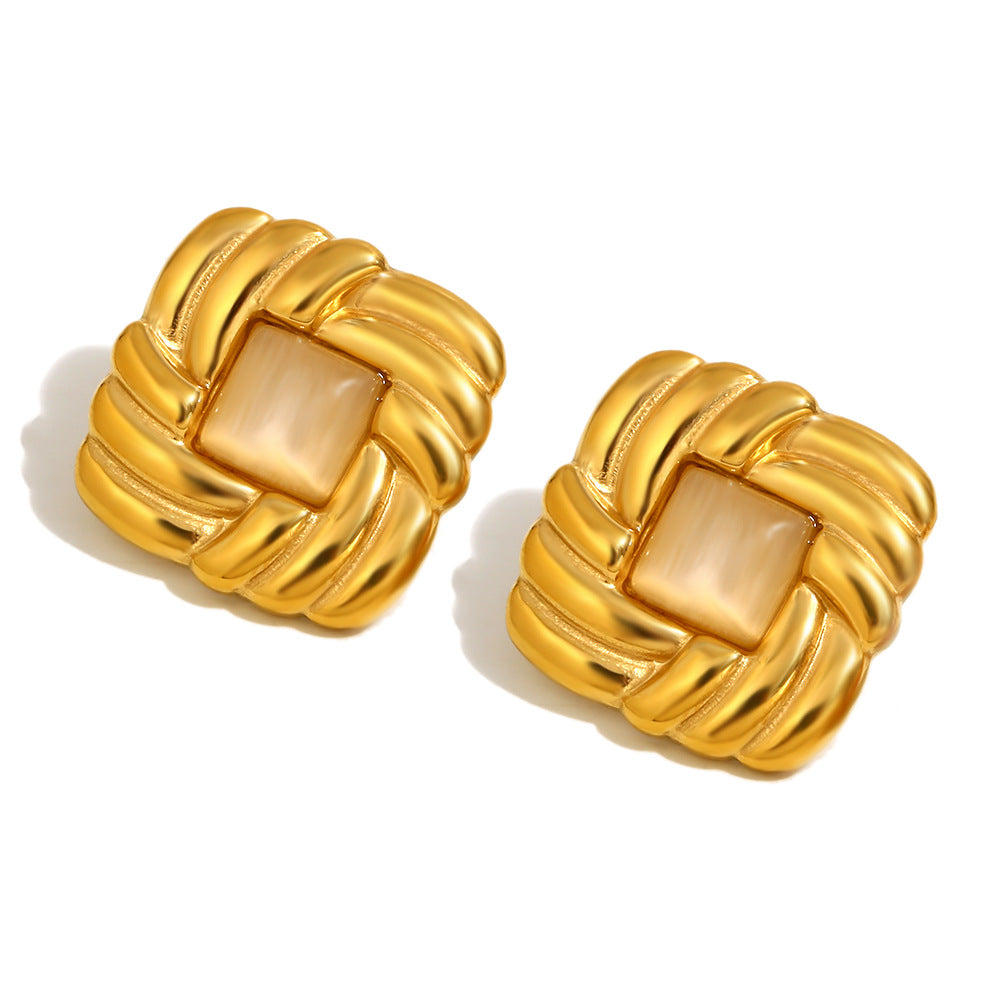 front view of vintage-style square cat's-eye effect earrings