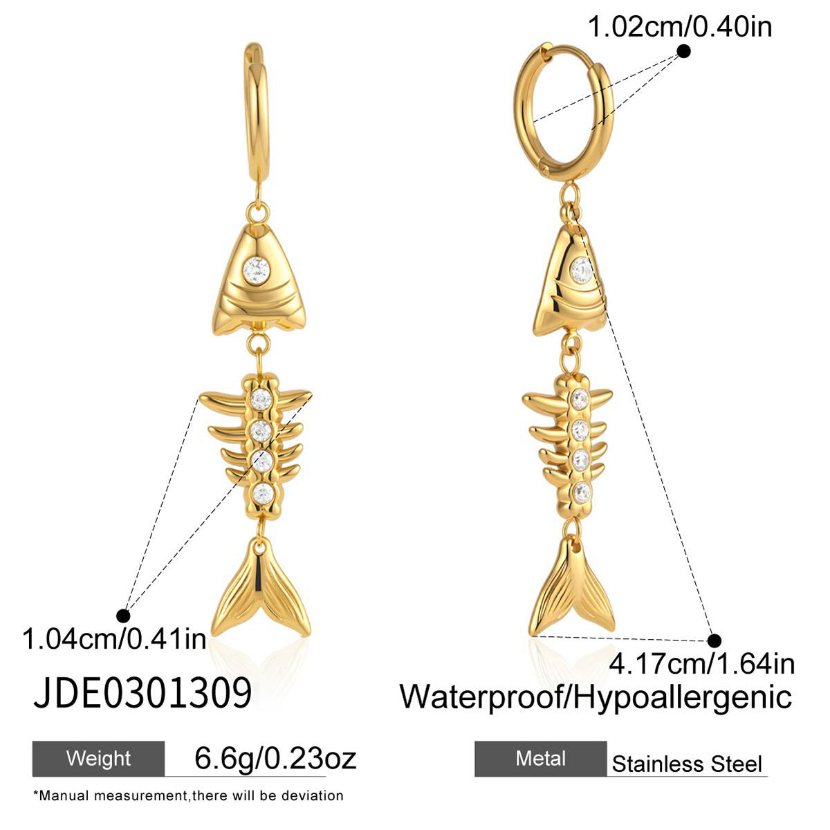 Fishbone drop earring dimensions and small hoop detail