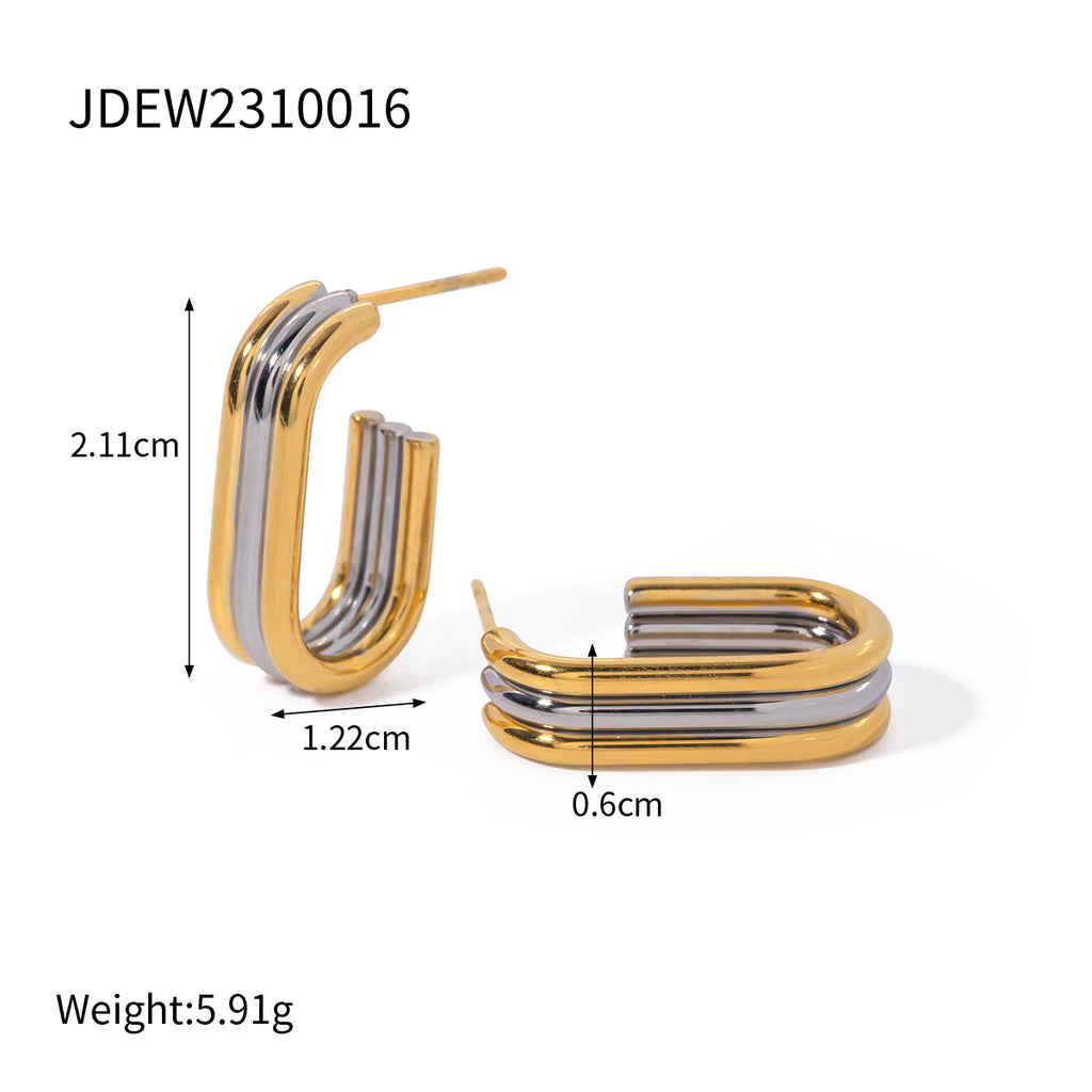 Two-Tone Triple-Line Stainless Steel Stud Earrings size and proportion reference