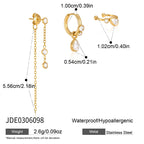 Chain-drop stud pear hoop and ear cuff with size diagram