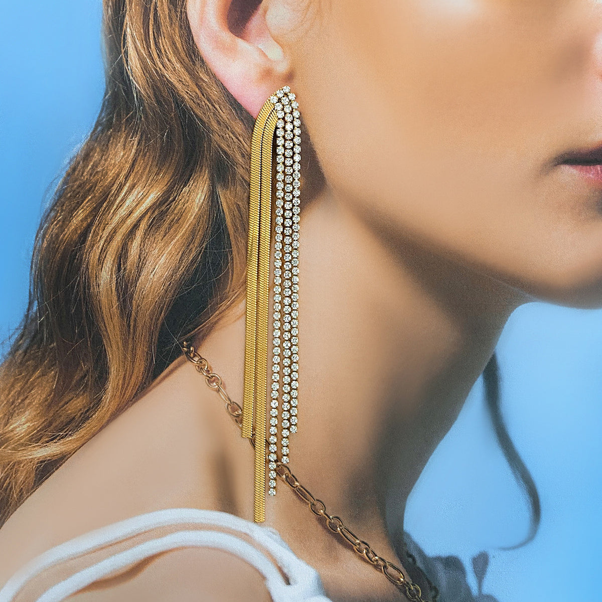 Gold-Tone Clear Accent Tassel Stainless Steel Drop Earrings — wholesale view 3