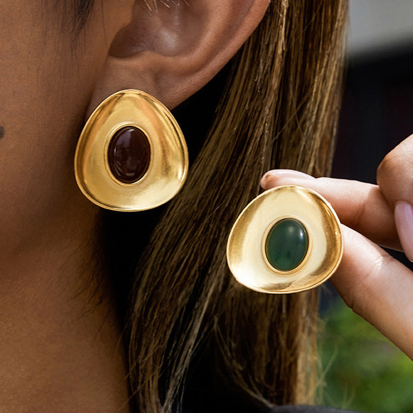 burgundy and green resin cabochon statement stud earrings