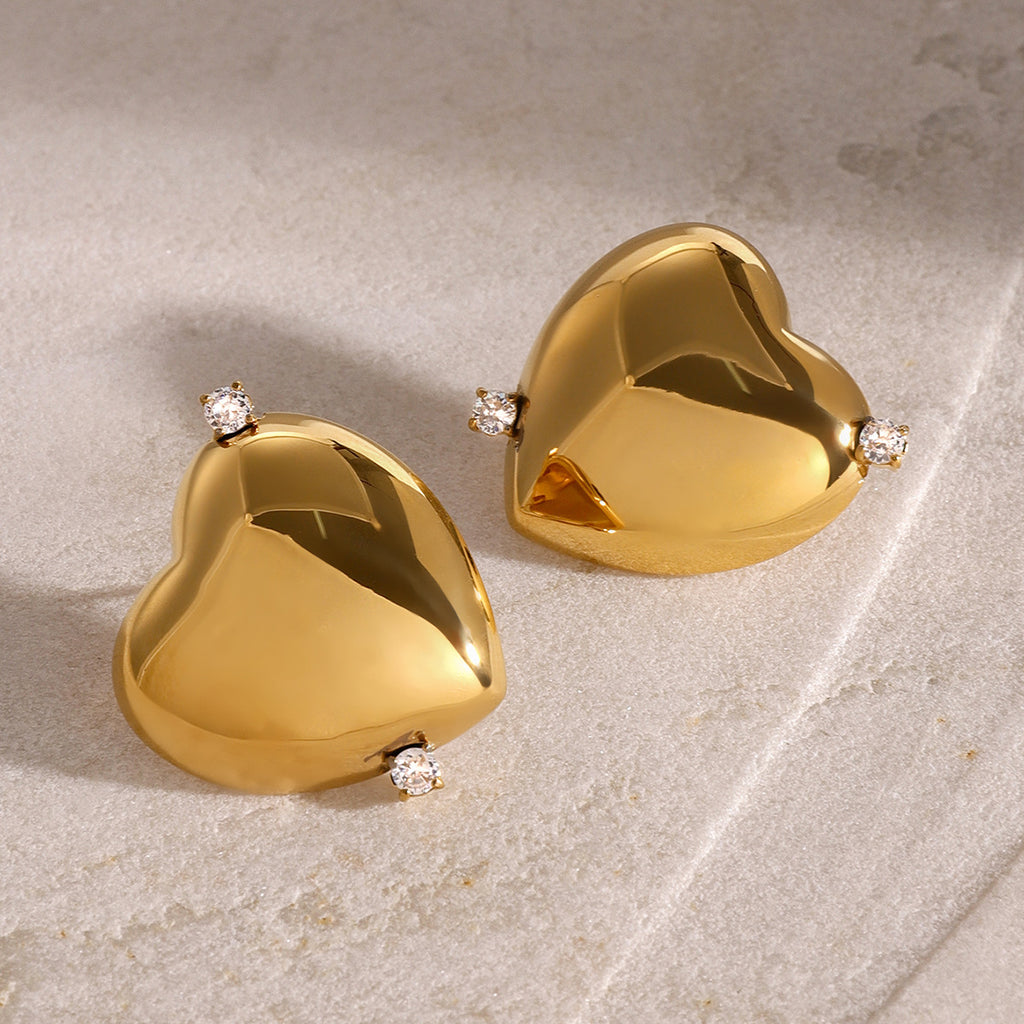 Gold-Tone Clear Zirconia Heart Stainless Steel Stud Earrings — wholesale view 2