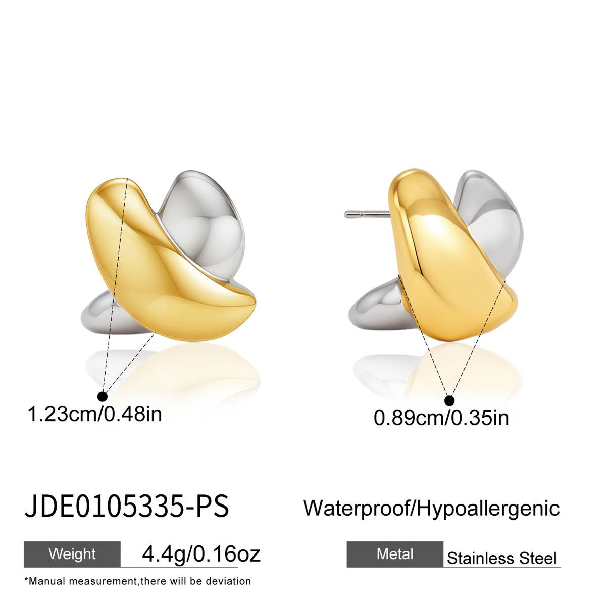 Two-tone stainless steel crossed studs with size diagram