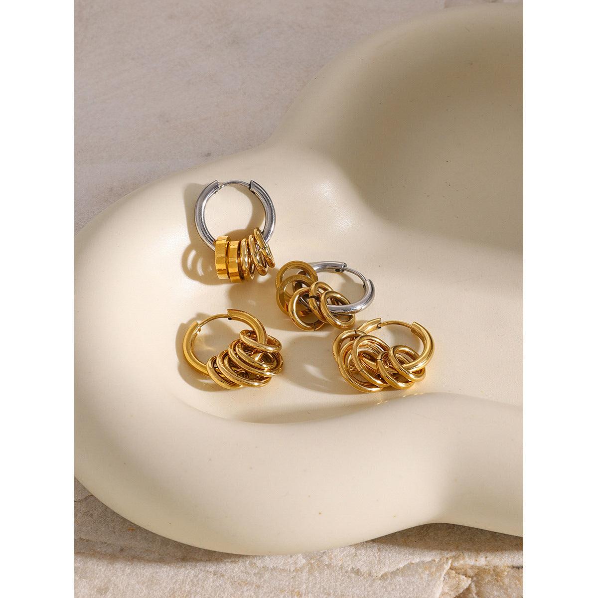 Gold Plated Two-Tone Ring Charm Stainless Steel Hoop Earrings on-model view