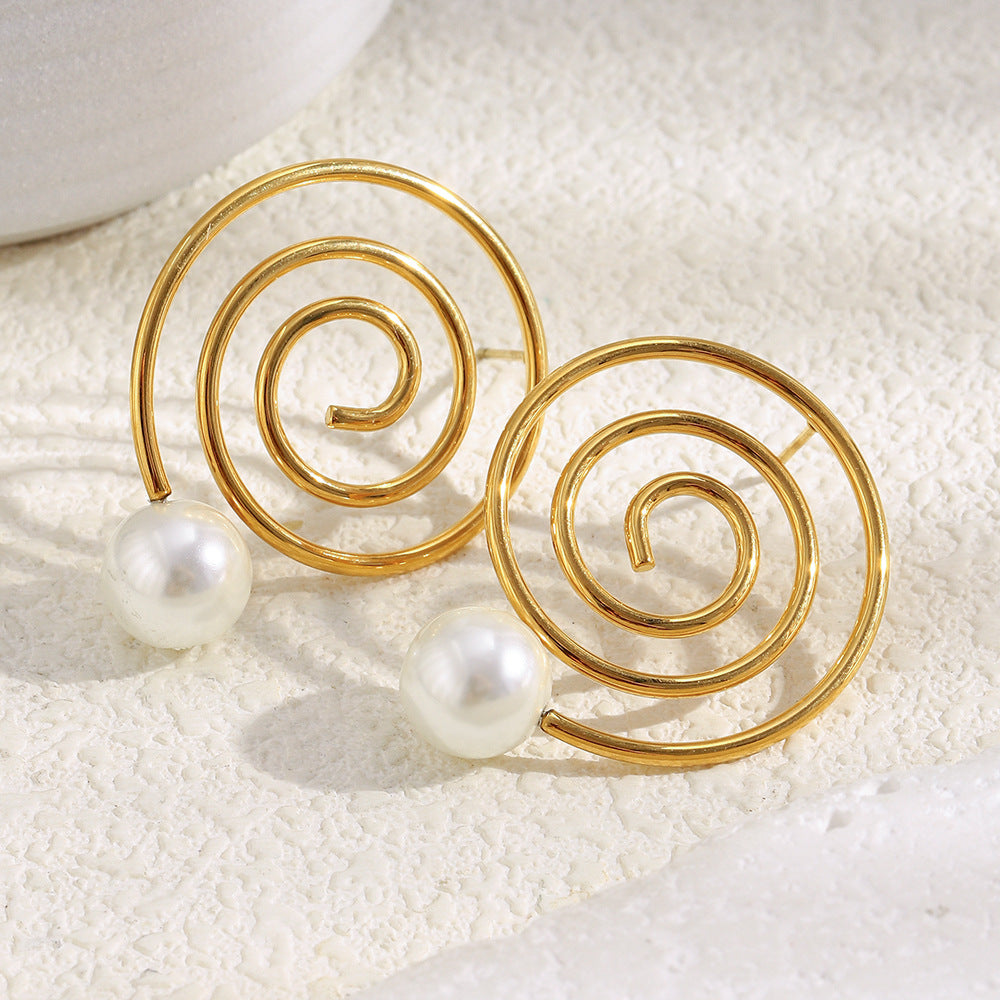 Gold plated 316L stainless steel spiral pearl stud earrings