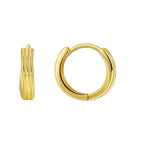 front and side view of gold plated ridged huggie hoops